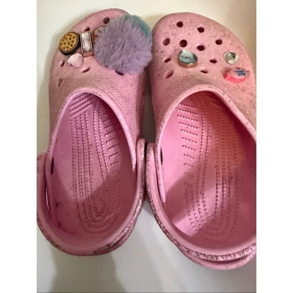 Crocs Girls Glittered Jibbitz Classic Clog Sandals Pink Size 4